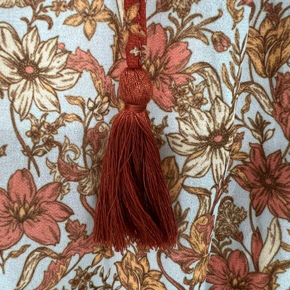 Love Colette Floral Print Peasant Midi Dress Women's Sz M Brown Tiered Tie Waist - Picture 4 of 10